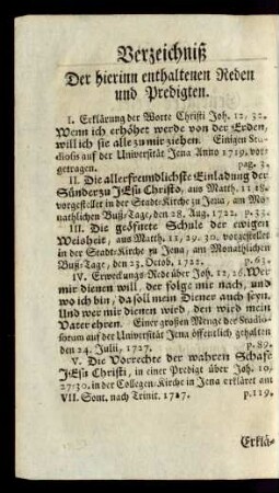 Verzeichniß der hierinn enthaltenen Reden und Predigten