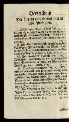 Verzeichniß der hierinn enthaltenen Reden und Predigten