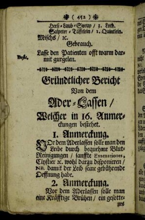 Gründtlicher Bericht Von dem Ader-Lassen/ Welcher in 16. Anmerckungen bestehet.