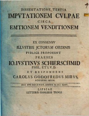 Dissertatione Tertia Impvtationem Cvlpae Circa Emtionem Venditionem