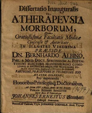 Dissertatio Inauguralis De Atherapevsia [Atherapeusia] Morborum