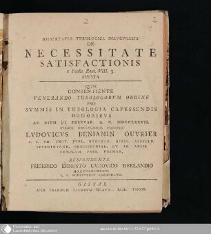 Dissertatio Theologica Inavguralis De Necessitate Satisfactionis a Paullo Rom. VIII, 3 Asserta