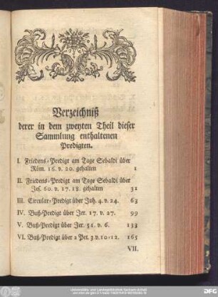 Verzeichniß derer in dem zweyten Theil dieser Sammlung enthaltenen Predigten.
