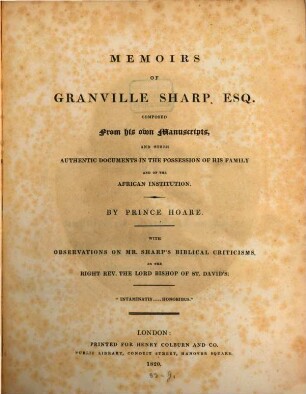 Memoirs of Granville Sharp : With Observations on Mr. Sharp's biblical Criticisms by the r. r. the lord bishop of St. David's