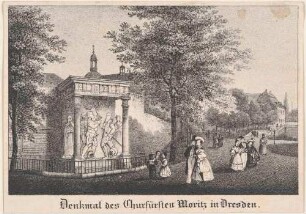 Das Moritz-Monument an der Festungsmauer der Bastion Mars in Dresden (im Hintergrund rechts das Hofgärtnerhaus) nach 1822