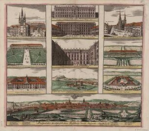 Ansicht von Ansbach mit 10 Detailansichten, kolor. Kupferst., 1743 : Prospect der Hochfürstlichen Residentz-Stadt Anspach oder Onoltzbach / I. G. Puschner sculpsit. Zu finden bey Iohann Iacob Endres. - Schwobach : Iohann Iacob Endres , 1743. - 11 Ansichten auf 1 Kunstbl. : kolor. Kupferst. ; Gesamtgr. 54 x 48 cm