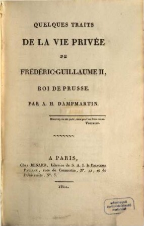 Quelques traits de la vie privée de Frédéric Guillaume II, Roi de Prusse