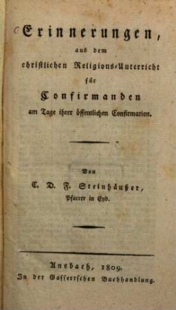 Erinnerungen aus dem christlichen Religions-Unterricht für Confirmanden