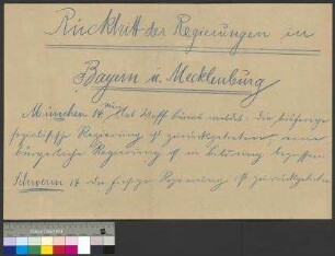 Bekanntmachung über den Rücktritt der Regierungen in Bayern und Mecklenburg am 14. März 1920