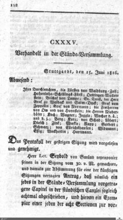135. Sitzung, Stuttgart, 15.6.1816