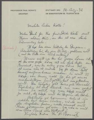 Brief von Paul Bonatz an Georg Kolbe