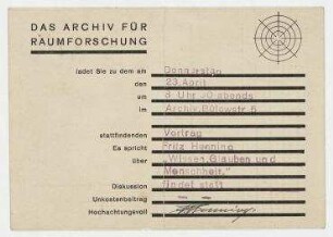 Einladung des Archivs für Raumforschung / gez. Fritz Henning an Hannah Höch. Berlin