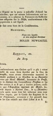 Lettre du Duc de Newcastle, écrite à Mr. Michell en réponse au Mémoire et autres Papiers, remis par Michell au Duc le 23 Novemb. et 13. Décemb. 1752