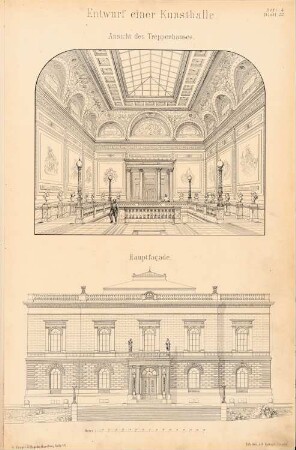 Kunsthalle: Ansicht Hauptfassade, Innenansicht Treppenhaus (aus: Entwürfe von Bohnstedt, Heft I-VIII, 1875-1877)