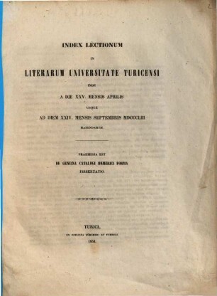 Index lectionum in Literarum Universitate Turicensi ... habendarum, 1853