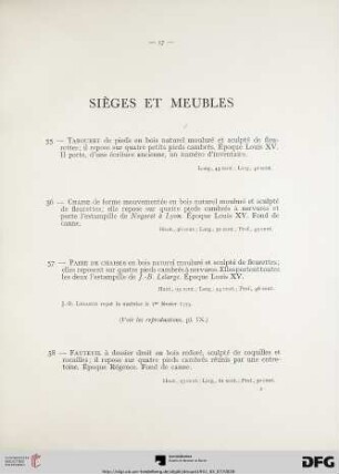 Sièges et Meubles (Nr. 55-97) avec planche X-XVII