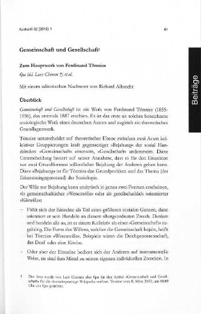 Gemeinschaft und Gesellschaft, Zum Hauptwerk von Ferdinand Tönnies