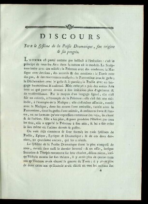 Discours sur le systême de la Poésie Dramatique, son origine & ses progrès.