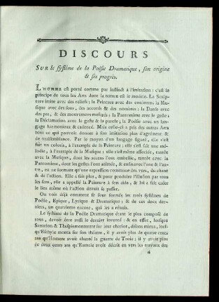 Discours sur le systême de la Poésie Dramatique, son origine & ses progrès.