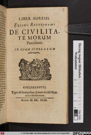 Liber Aureus Erasmi Roterodami De Civiltate Morum Puerilium. In Usum Scholarum adornatus