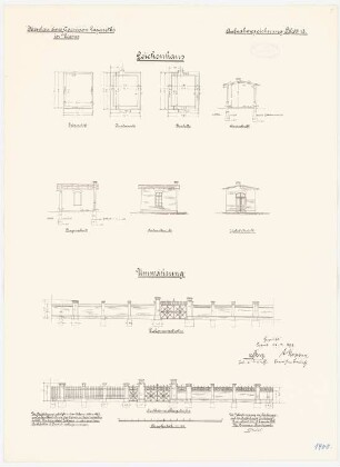 Garnisonslazarett, Worms: Leichenhaus: Grundriss Fundamente, Bankette, Erdgeschoss, Aufriss Seitenansicht, Giebelansicht, Längsschnitt, Querschnitt 1:100