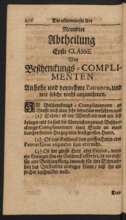 Neundter Abtheilung Erste Classe Von Beschenckungs-Complimenten An hohe und vornehme Patronen ...