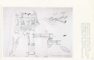 Pädagogische Hochschule, Flensburg-Fruerlund (Diplomarbeit bei Kurt Dübbers): Hauptgebäude, Grundriss Erdgeschoss 1:200 und Perspektivische Ansicht (Vogelschau)
