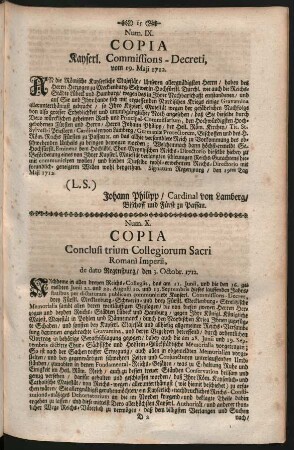 Num. IX. Copia Kayserl. Commissions-Decreti, vom 19. Maji 1712.