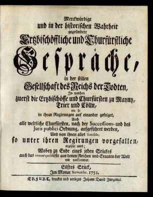 Eilftes Stück, Im Monat Novembr. 1752.