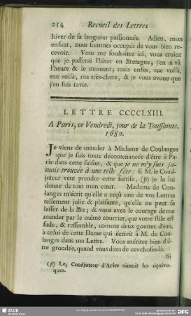 Lettre CCCCLXIII. A Paris, ce Vendredi, jour de la Touffaints, 1680