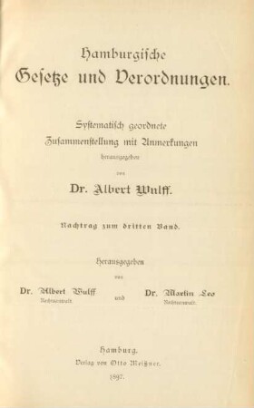 Nachtr. zu Bd. 3: Hamburgische Gesetze und Verordnungen : systematisch geordnete Zusammenstellung mit Anmerkungen und einem Sachregister