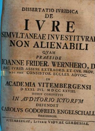 Dissertatio Ivridica De Ivre Simvltaneae Investitvrae Non Alienabili