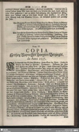Num. IV. Copia Hertzog Ruprechts Zweyten Verziegts. de Anno 1537