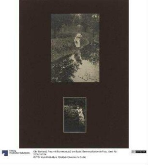 Frau mit Blumenstrauß am Bach / Beeren pflückende Frau