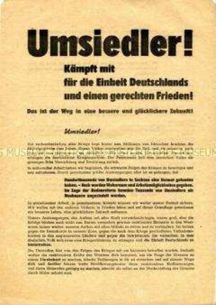 Propagandaflugblatt der SED Sachsen zur Umsiedlerpolitik und Aufruf zur Einzeichnung beim Volksbegehren 1948