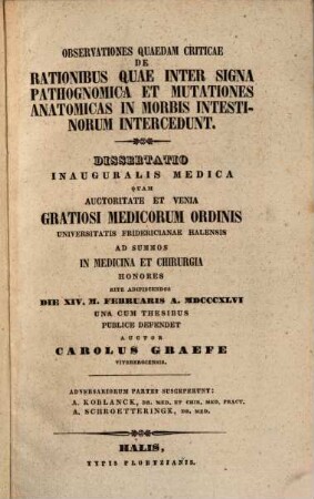 Observationes quaedam criticae de rationibus quae inter signa pathognomica et mutationes anatomicas in morbis intestinorum intercedunt