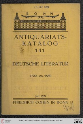 Nr. 141: Antiquariatskatalog / Friedrich Cohen, Buchhandlung und Antiquariat