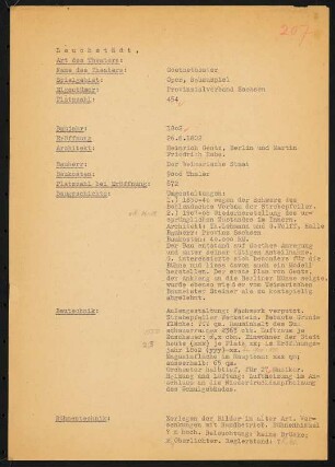Goethe Theater, Bad Lauchstädt: Schriftstück zum Fragebogen für das Handbuch »Das Deutsche Theater«