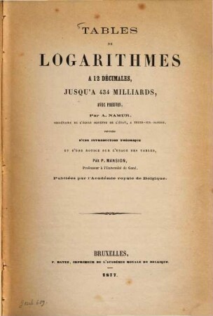 Tables de logarithmes à 12 décimales jusqu'à 434 milliards avec preuves