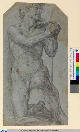Aktstudie eines knienden Mannes von vorn