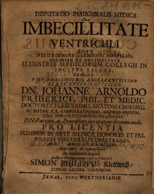 Disputatio Inauguralis Medica De Imbecillitate Ventriculi