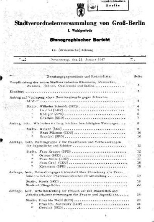 Nr. 12, 23. Januar 1947, Ordentliche Sitzung