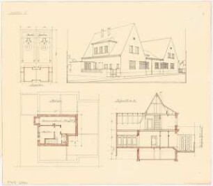 Zweifamilienhaus Monatskonkurrenz Februar 1930: Lageplan; Grundriss Keller, Längsschnitt; perspektivische Ansicht