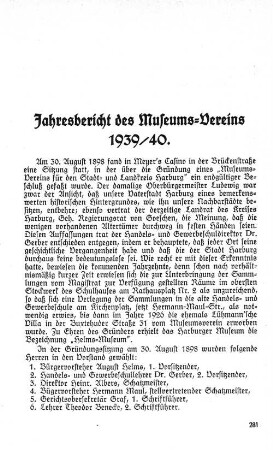 Jahresbericht des Museums-Vereins 1939/40.