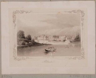 Das Schloss Pillnitz vom rechten Elbufer nach Nordwesten im Vordergrund zwei Boote