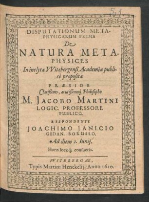 Disputationum Metaphysicarum Prima De Natura Metaphysices