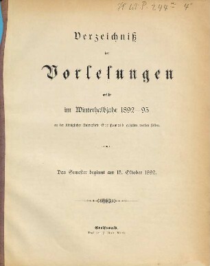 Verzeichnis der Vorlesungen der Universität zu Greifswald. 1892/93 WH