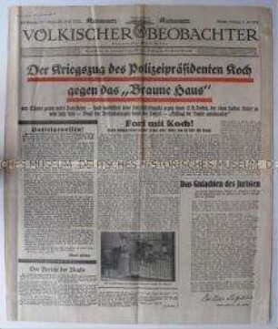 Nationalsozialistische Tageszeitung "Völkischer Beobachter" zur Erstürmung des "Braunen Hauses" durch die Schutzpolizei