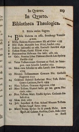 119-137, I. Biblia Variar. Lingvar. - IV. Geographia & Physica S. Chronologia & Hist. S. Antiqvitates Biblicae & Judaicae