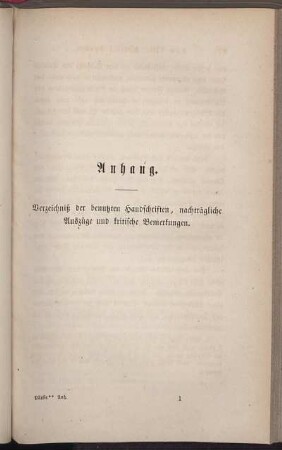 Anhang. Verzeichniß der benutzten Handschriften, nachträgliche Auszüge und kritische Bemerkungen.